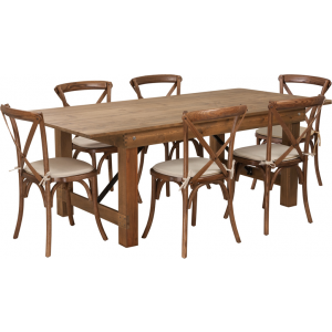 Wholesale HERCULES Series 7' x 40'' Antique Rustic Folding Farm Table Set with 6 Cross Back Chairs and Cushions