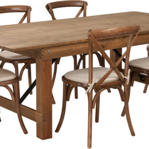 Wholesale HERCULES Series 7' x 40'' Antique Rustic Folding Farm Table Set with 6 Cross Back Chairs and Cushions