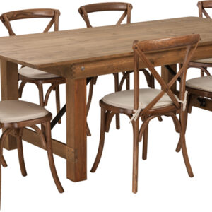 Wholesale HERCULES Series 7' x 40'' Antique Rustic Folding Farm Table Set with 8 Cross Back Chairs and Cushions