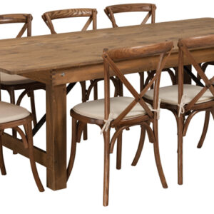 Wholesale HERCULES Series 8' x 40'' Antique Rustic Folding Farm Table Set with 10 Cross Back Chairs and Cushions