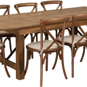 Wholesale HERCULES Series 8' x 40'' Antique Rustic Folding Farm Table Set with 8 Cross Back Chairs and Cushions