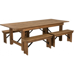 Wholesale HERCULES Series 8' x 40'' Antique Rustic Folding Farm Table and Four 40.25"L Bench Set