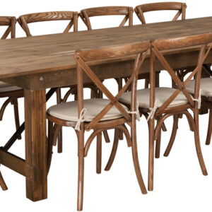 Wholesale HERCULES Series 9' x 40'' Antique Rustic Folding Farm Table Set with 10 Cross Back Chairs and Cushions