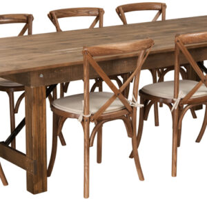 Wholesale HERCULES Series 9' x 40'' Antique Rustic Folding Farm Table Set with 8 Cross Back Chairs and Cushions