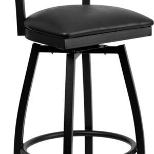 Wholesale HERCULES Series Black Ladder Back Swivel Metal Barstool - Black Vinyl Seat
