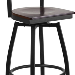 Wholesale HERCULES Series Black Ladder Back Swivel Metal Barstool - Walnut Wood Seat