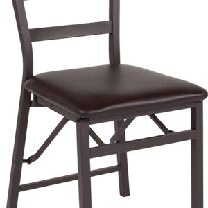 Wholesale HERCULES Series Brown Folding Ladder Back Metal Chair with Brown Vinyl Seat