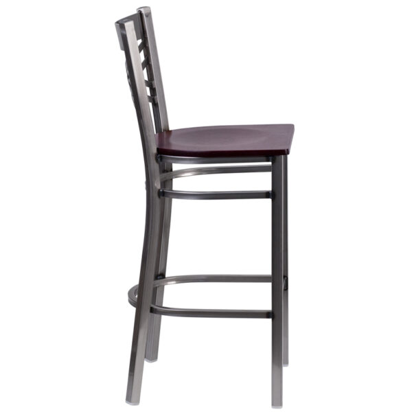 Lowest Price HERCULES Series Clear Coated ''X'' Back Metal Restaurant Barstool - Mahogany Wood Seat
