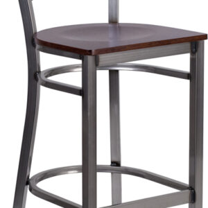 Wholesale HERCULES Series Clear Coated ''X'' Back Metal Restaurant Barstool - Walnut Wood Seat
