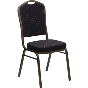 Wholesale HERCULES Series Crown Back Stacking Banquet Chair in Black Patterned Fabric - Gold Vein Frame