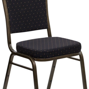 Wholesale HERCULES Series Crown Back Stacking Banquet Chair in Black Patterned Fabric - Gold Vein Frame