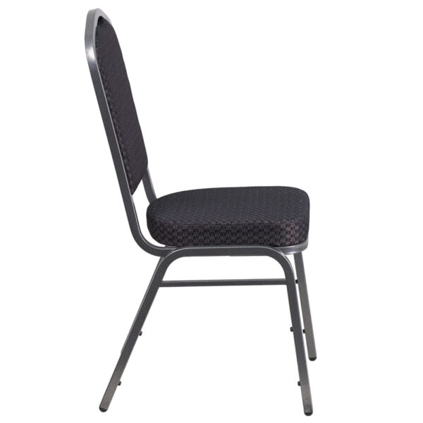 Lowest Price HERCULES Series Crown Back Stacking Banquet Chair in Black Patterned Fabric - Silver Vein Frame