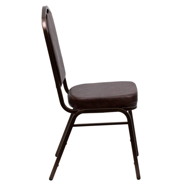 Lowest Price HERCULES Series Crown Back Stacking Banquet Chair in Brown Vinyl - Copper Vein Frame