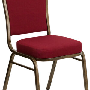 Wholesale HERCULES Series Crown Back Stacking Banquet Chair in Burgundy Fabric - Gold Vein Frame