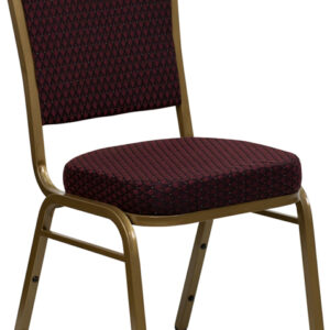 Wholesale HERCULES Series Crown Back Stacking Banquet Chair in Burgundy Patterned Fabric - Gold Frame