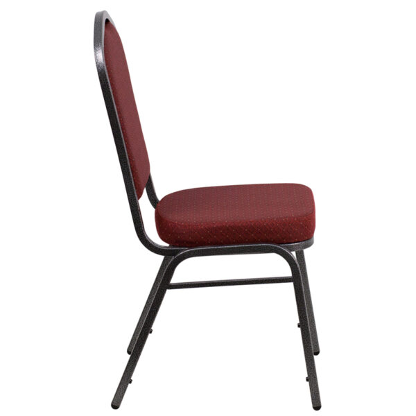 Lowest Price HERCULES Series Crown Back Stacking Banquet Chair in Burgundy Patterned Fabric - Silver Vein Frame