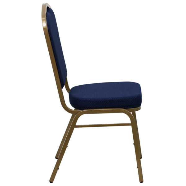 Lowest Price HERCULES Series Crown Back Stacking Banquet Chair in Navy Blue Patterned Fabric - Gold Frame
