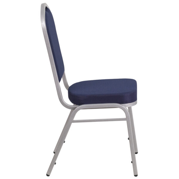 Lowest Price HERCULES Series Crown Back Stacking Banquet Chair in Navy Fabric - Silver Frame