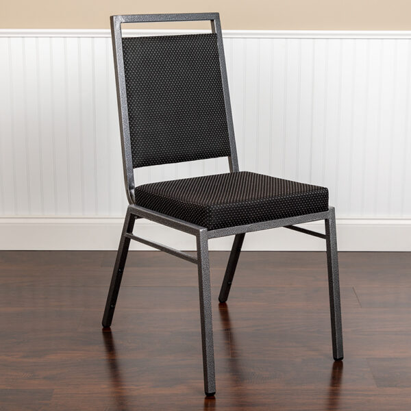 Lowest Price HERCULES Series Square Back Stacking Banquet Chair in Black Dot Fabric with Silvervein Frame