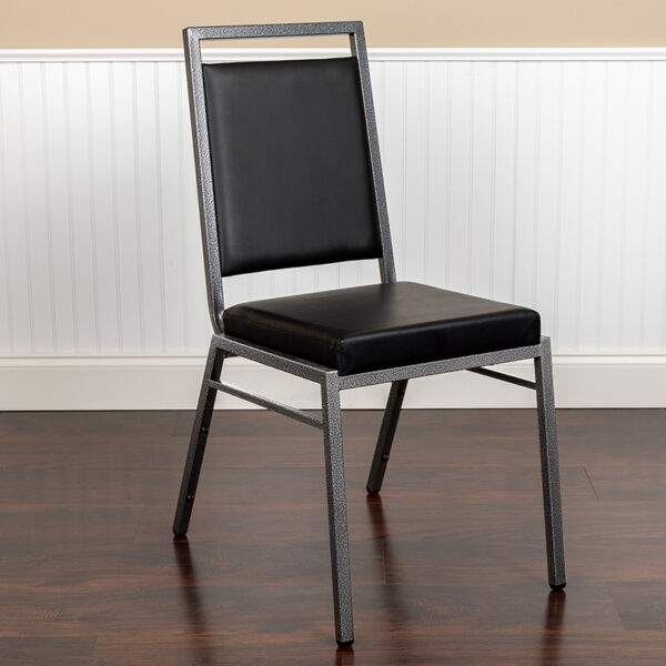 Lowest Price HERCULES Series Square Back Stacking Banquet Chair in Black Vinyl with Silvervein Frame