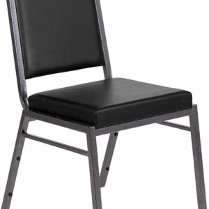 Wholesale HERCULES Series Square Back Stacking Banquet Chair in Black Vinyl with Silvervein Frame