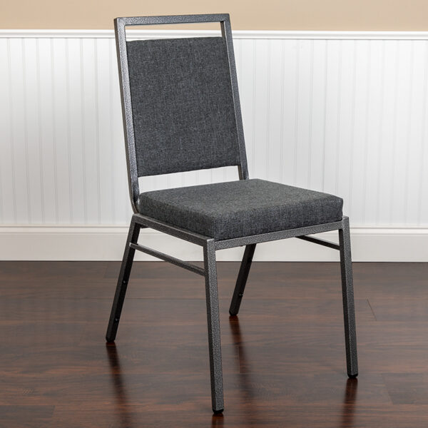 Lowest Price HERCULES Series Square Back Stacking Banquet Chair in Dark Gray Fabric with Silvervein Frame
