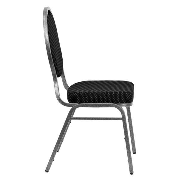 Lowest Price HERCULES Series Teardrop Back Stacking Banquet Chair in Black Patterned Fabric - Silver Vein Frame