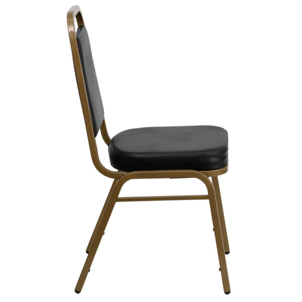 Lowest Price HERCULES Series Trapezoidal Back Stacking Banquet Chair in Black Vinyl - Gold Frame