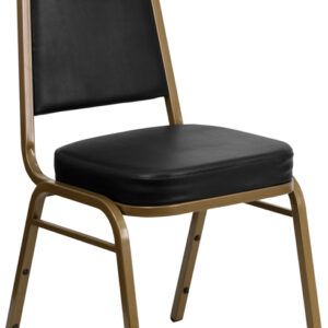 Wholesale HERCULES Series Trapezoidal Back Stacking Banquet Chair in Black Vinyl - Gold Frame