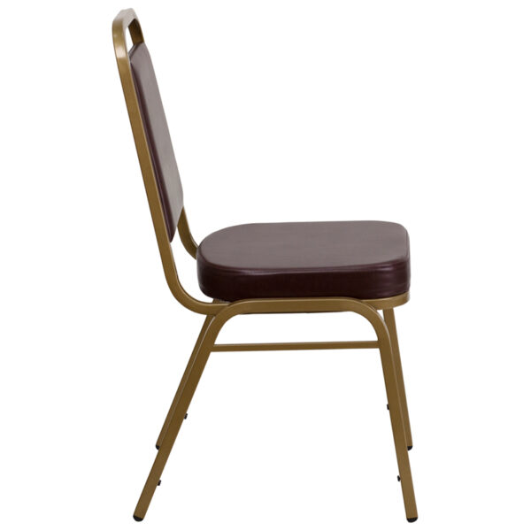 Lowest Price HERCULES Series Trapezoidal Back Stacking Banquet Chair in Brown Vinyl - Gold Frame