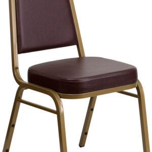 Wholesale HERCULES Series Trapezoidal Back Stacking Banquet Chair in Brown Vinyl - Gold Frame