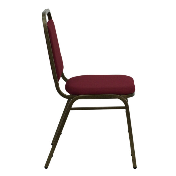 Lowest Price HERCULES Series Trapezoidal Back Stacking Banquet Chair in Burgundy Fabric - Gold Vein Frame