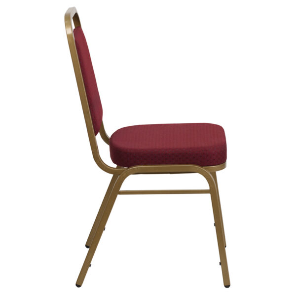 Lowest Price HERCULES Series Trapezoidal Back Stacking Banquet Chair in Burgundy Patterned Fabric - Gold Frame
