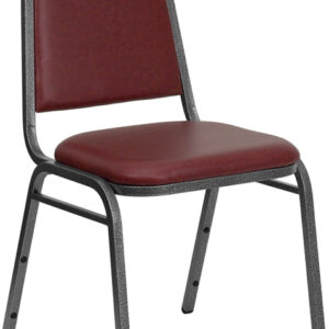 Wholesale HERCULES Series Trapezoidal Back Stacking Banquet Chair in Burgundy Vinyl - Silver Vein Frame