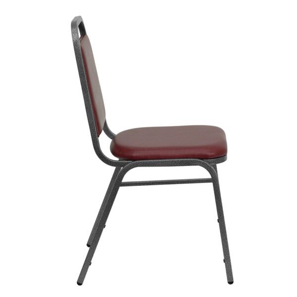 Lowest Price HERCULES Series Trapezoidal Back Stacking Banquet Chair in Burgundy Vinyl - Silver Vein Frame