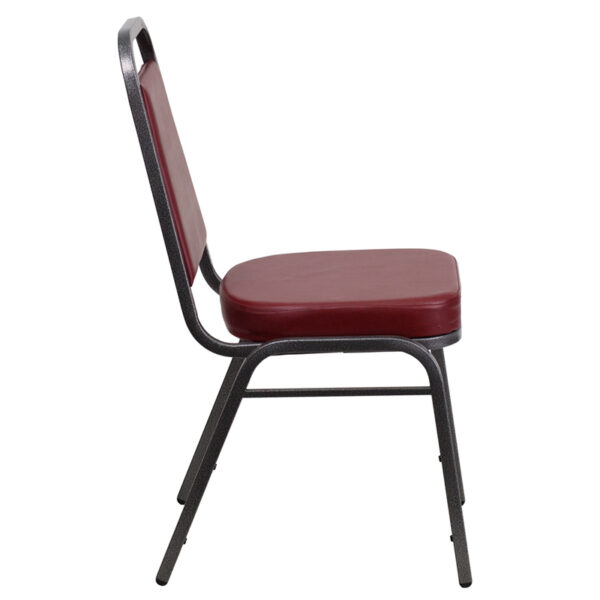 Lowest Price HERCULES Series Trapezoidal Back Stacking Banquet Chair in Burgundy Vinyl - Silver Vein Frame