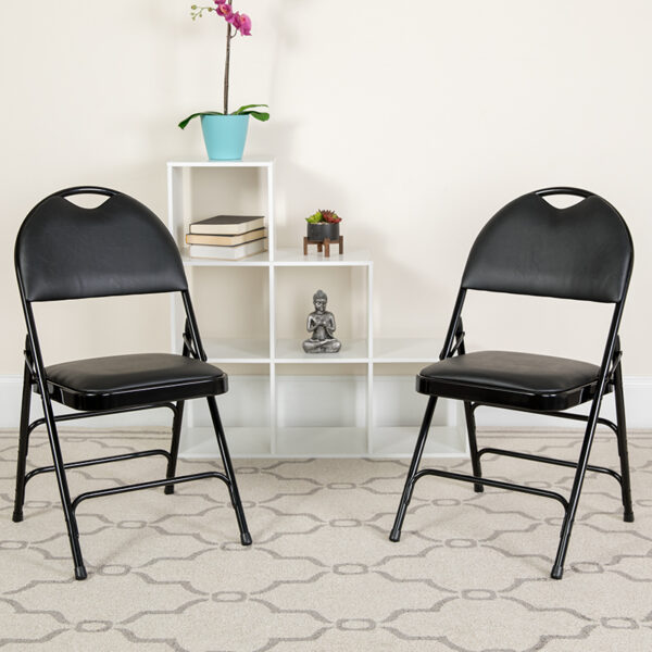 Lowest Price HERCULES Series Ultra-Premium Triple Braced Black Vinyl Metal Folding Chair with Easy-Carry Handle