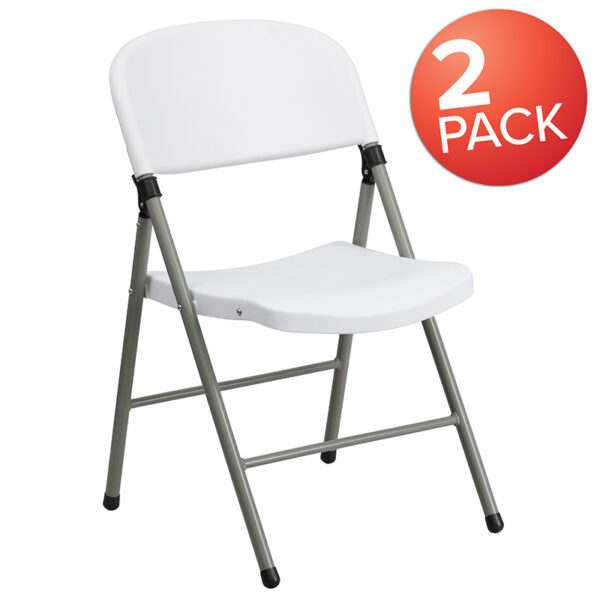 Wholesale HERCULES Series White Plastic Folding Chairs | Set of 2 Lightweight Folding Chairs with Gray Frame