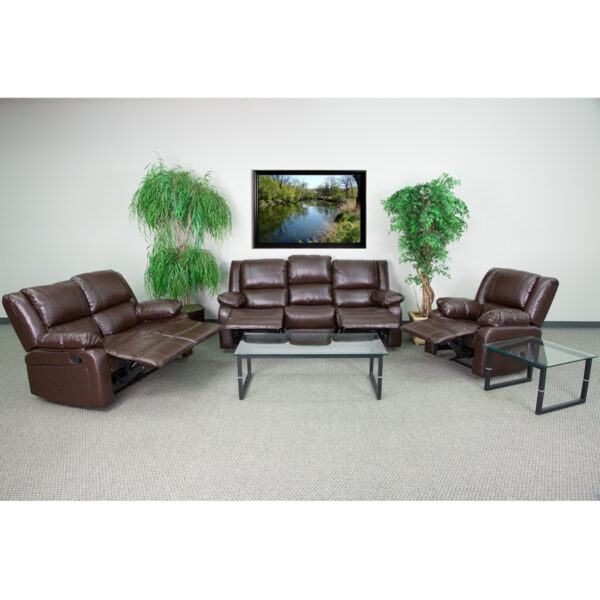 Lowest Price Harmony Series Brown Leather Reclining Sofa Set