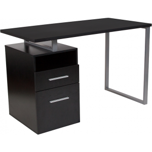 Wholesale Harwood Dark Ash Wood Grain Finish Computer Desk with Two Drawers and Silver Metal Frame