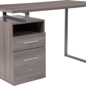 Wholesale Harwood Light Ash Wood Grain Finish Computer Desk with Two Drawers and Silver Metal Frame