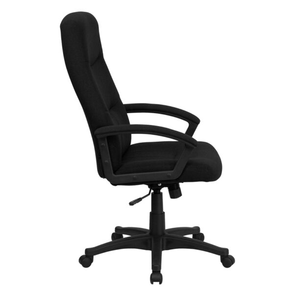 Lowest Price High Back Black Fabric Executive Swivel Office Chair with Two Line Horizontal Stitch Back and Arms