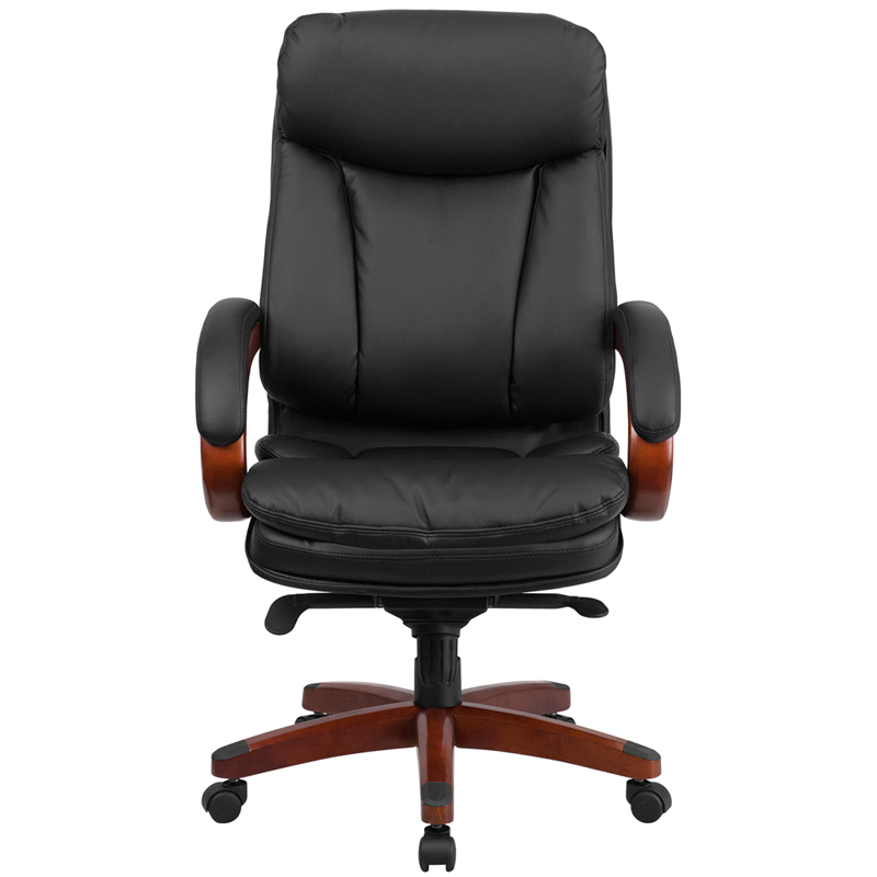 High Back Black Leather Executive Office Chair with Mahogany Wood Base and Arms 