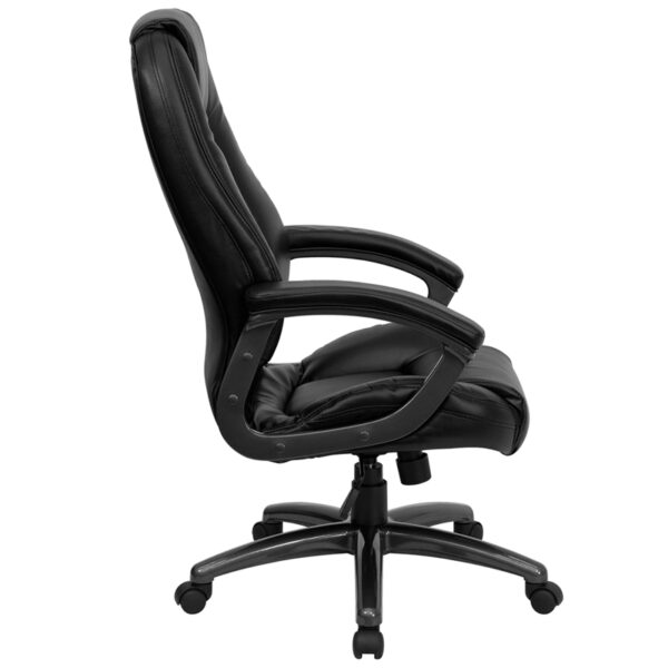 Lowest Price High Back Black Leather Executive Swivel Ergonomic Office Chair with Deep Curved Lumbar and Arms