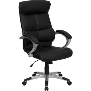 Wholesale High Back Black Leather Executive Swivel Office Chair with Curved Headrest and White Line Stitching