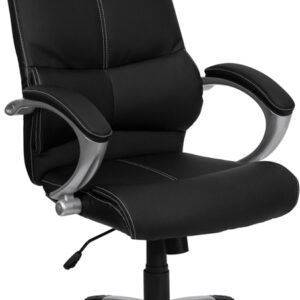 Wholesale High Back Black Leather Executive Swivel Office Chair with Curved Headrest and White Line Stitching