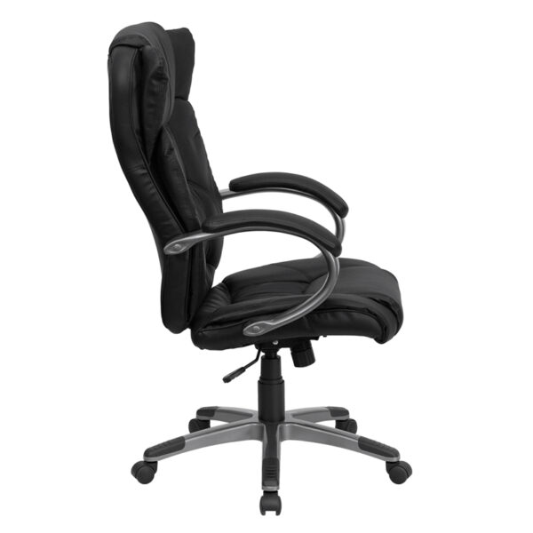 Lowest Price High Back Black Leather Executive Swivel Office Chair with Titanium Nylon Base and Loop Arms
