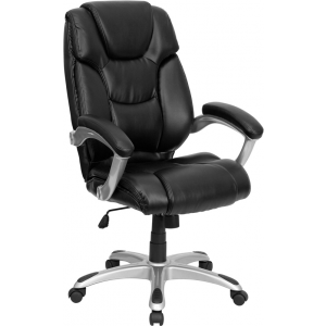 Wholesale High Back Black Leather Layered Upholstered Executive Swivel Ergonomic Office Chair with Silver Nylon Base and Arms