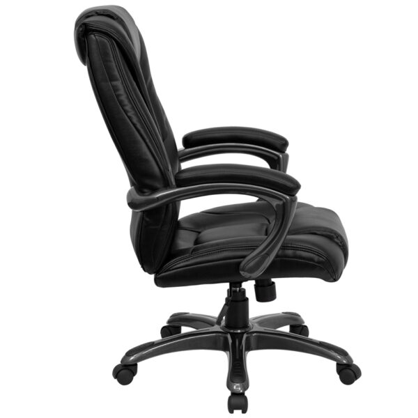 Lowest Price High Back Black Leather Layered Upholstered Executive Swivel Ergonomic Office Chair with Smoke Metal Base and Arms