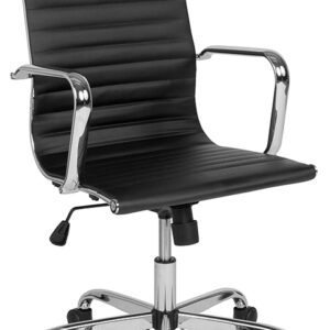 Wholesale High Back Black LeatherSoft Mid-Century Modern Ribbed Swivel Office Chair with Spring-Tilt Control and Arms